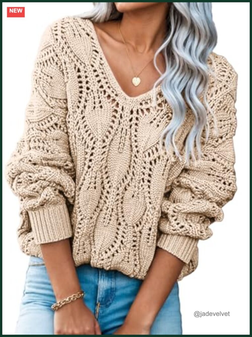 Dokotoo Crochet Hollow Out V Neck Pullover Sweater Long Sleeve Knit